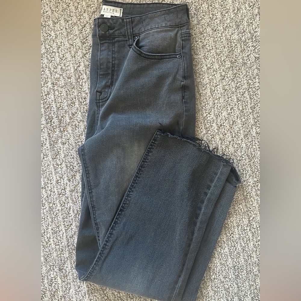 High rise straight cut freyed bottom jeans